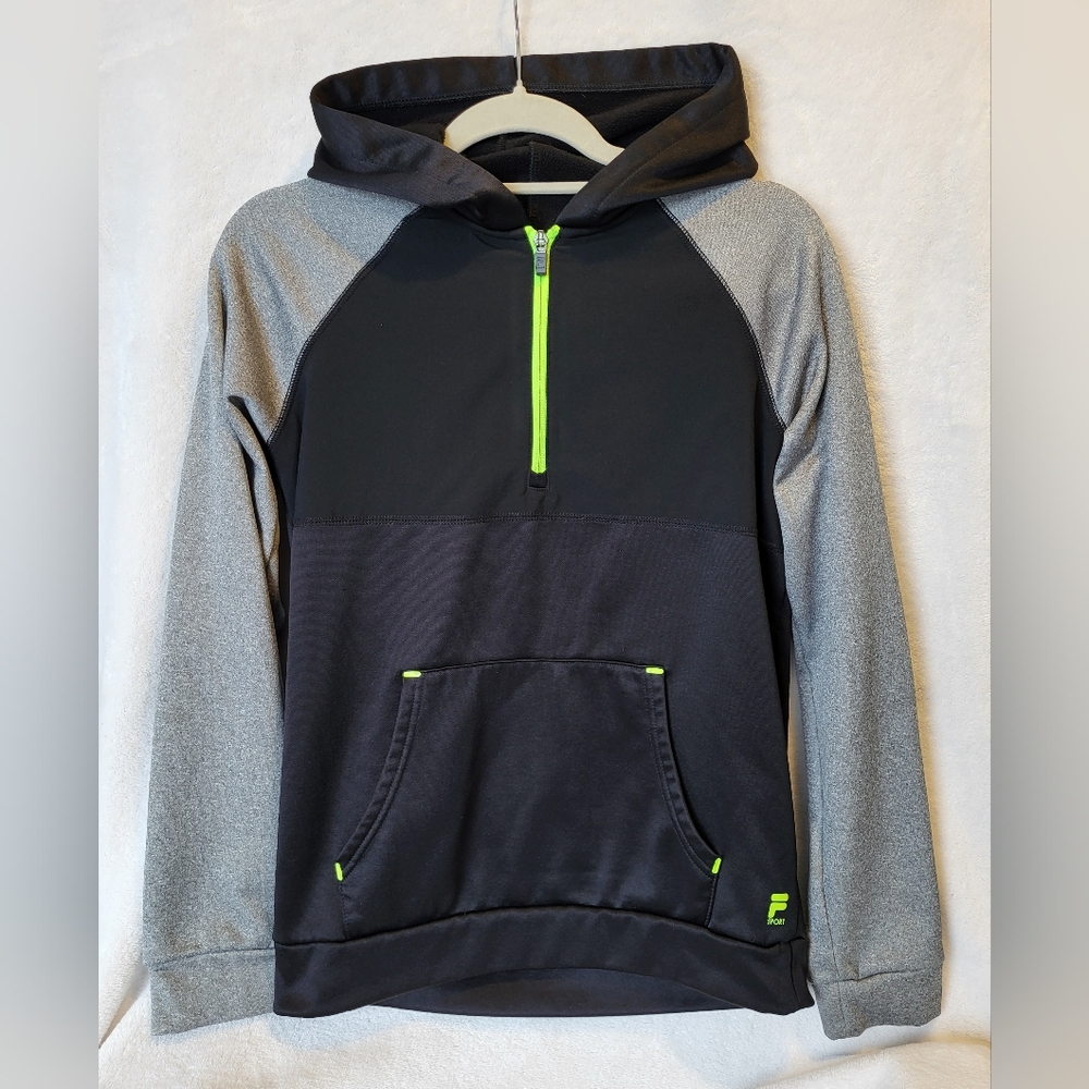 Fila‎ Sport Boys XL 18 20 Pullover 1/4 Zip Hoodie Fleece Lined Black Neon Green